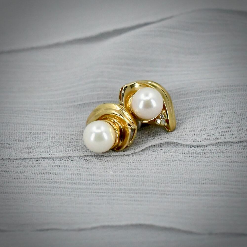 Vintage 14K Yellow Gold Cultured Pearl & White Sapphire Swirl Earrings 3.47g